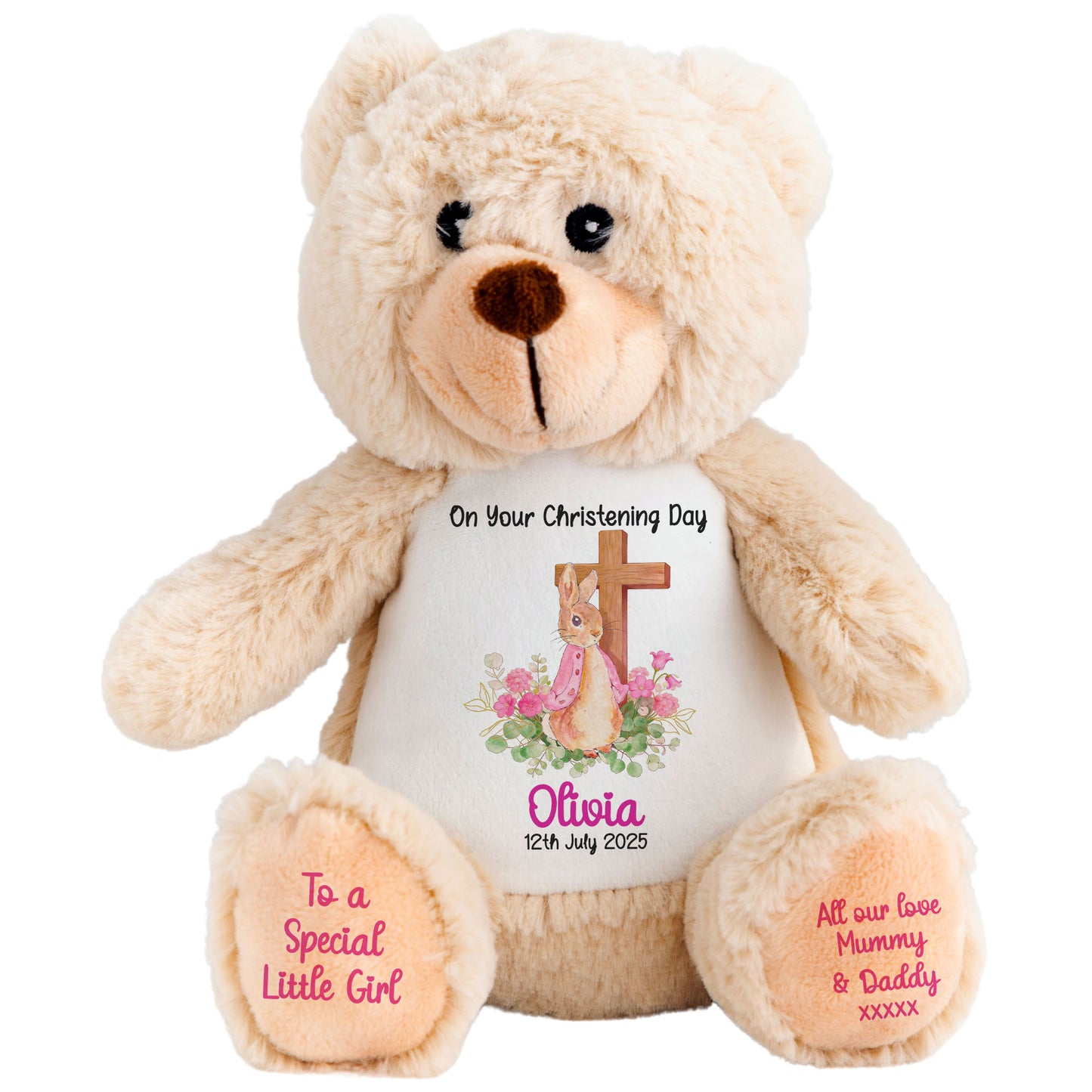 Pink Bunny With Cross Personalised Christening Teddy Bear