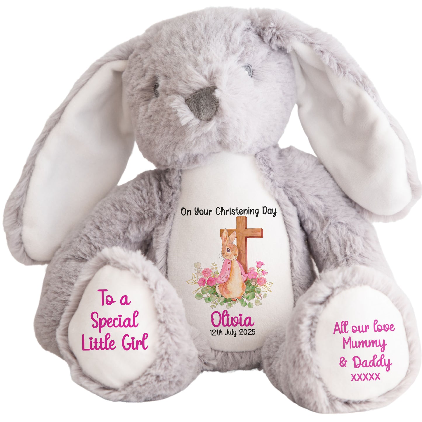 Pink Bunny With Cross Personalised Christening Teddy Bear