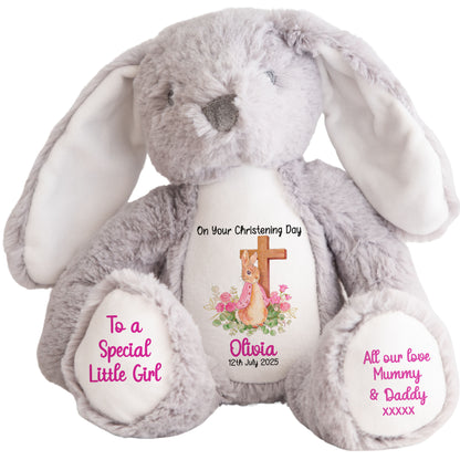 Pink Bunny With Cross Personalised Christening Teddy Bear
