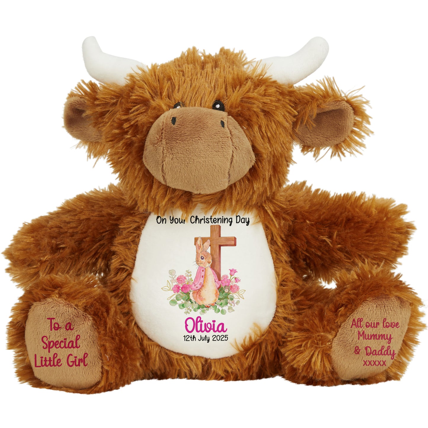 Pink Bunny With Cross Personalised Christening Teddy Bear