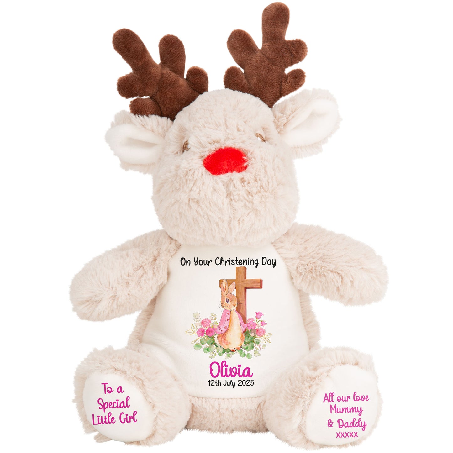 Pink Bunny With Cross Personalised Christening Teddy Bear