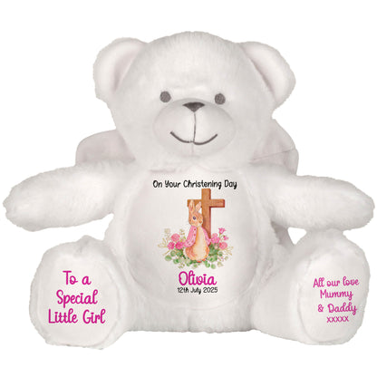Pink Bunny With Cross Personalised Christening Teddy Bear