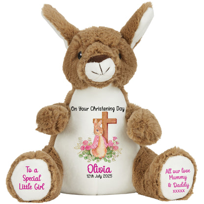 Pink Bunny With Cross Personalised Christening Teddy Bear