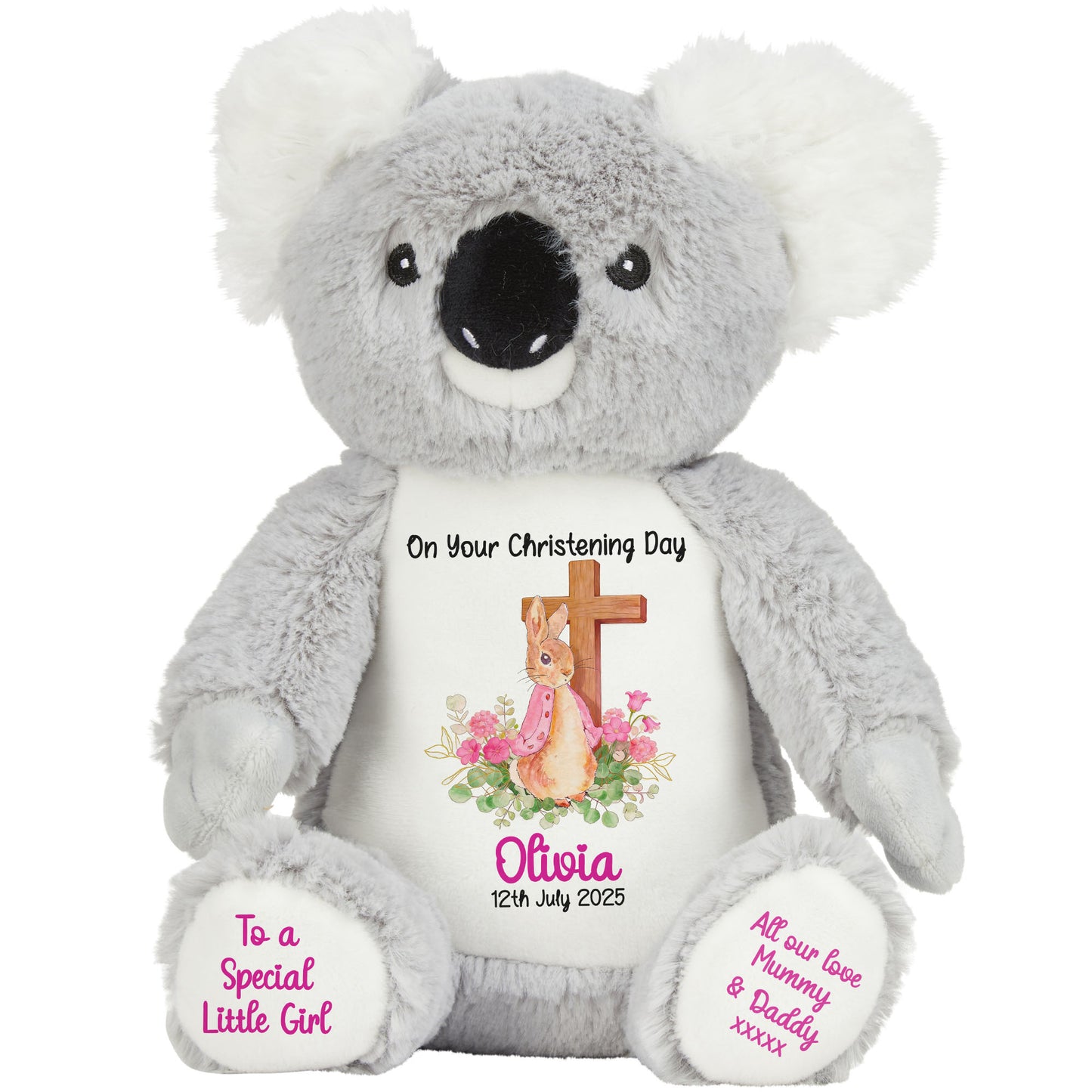 Pink Bunny With Cross Personalised Christening Teddy Bear