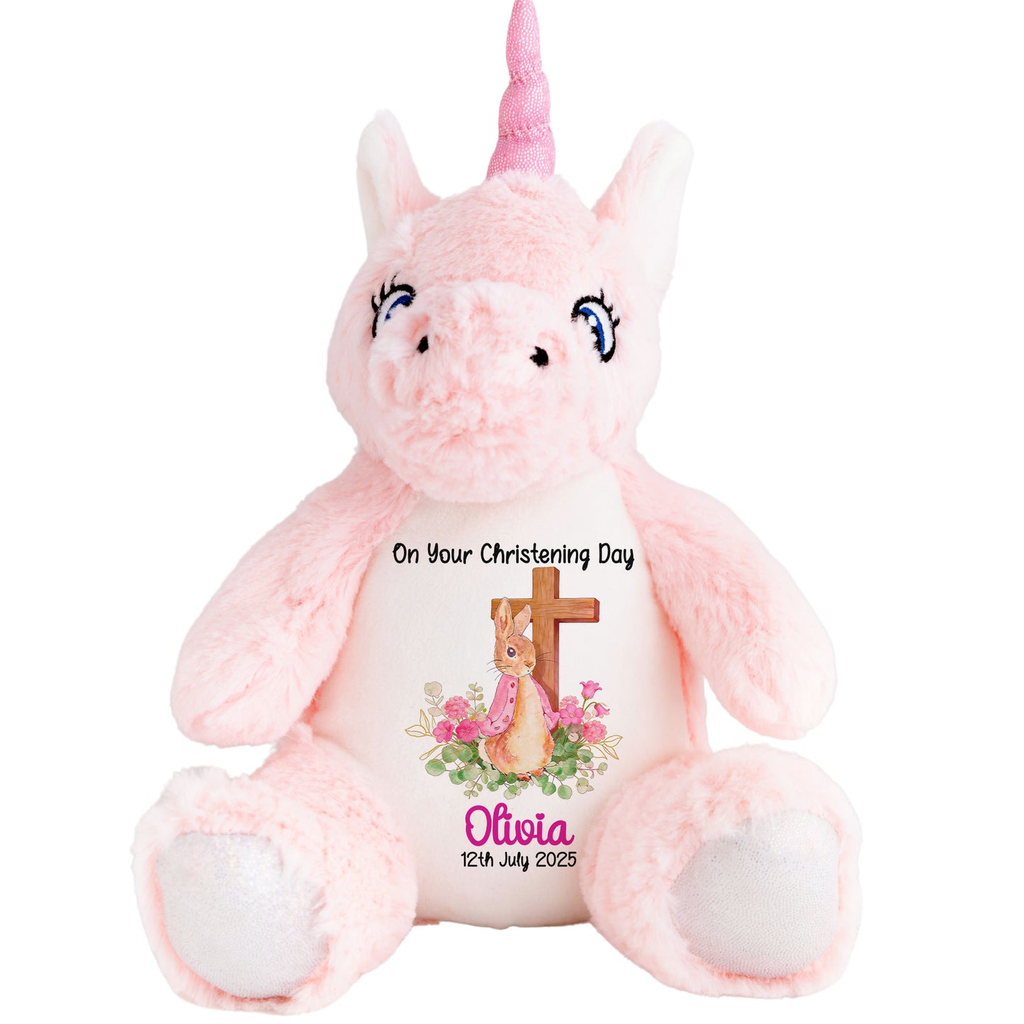 Pink Bunny With Cross Personalised Christening Teddy Bear
