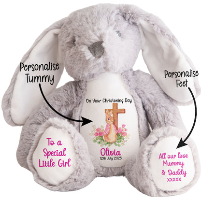 Pink Bunny With Cross Personalised Christening Teddy Bear