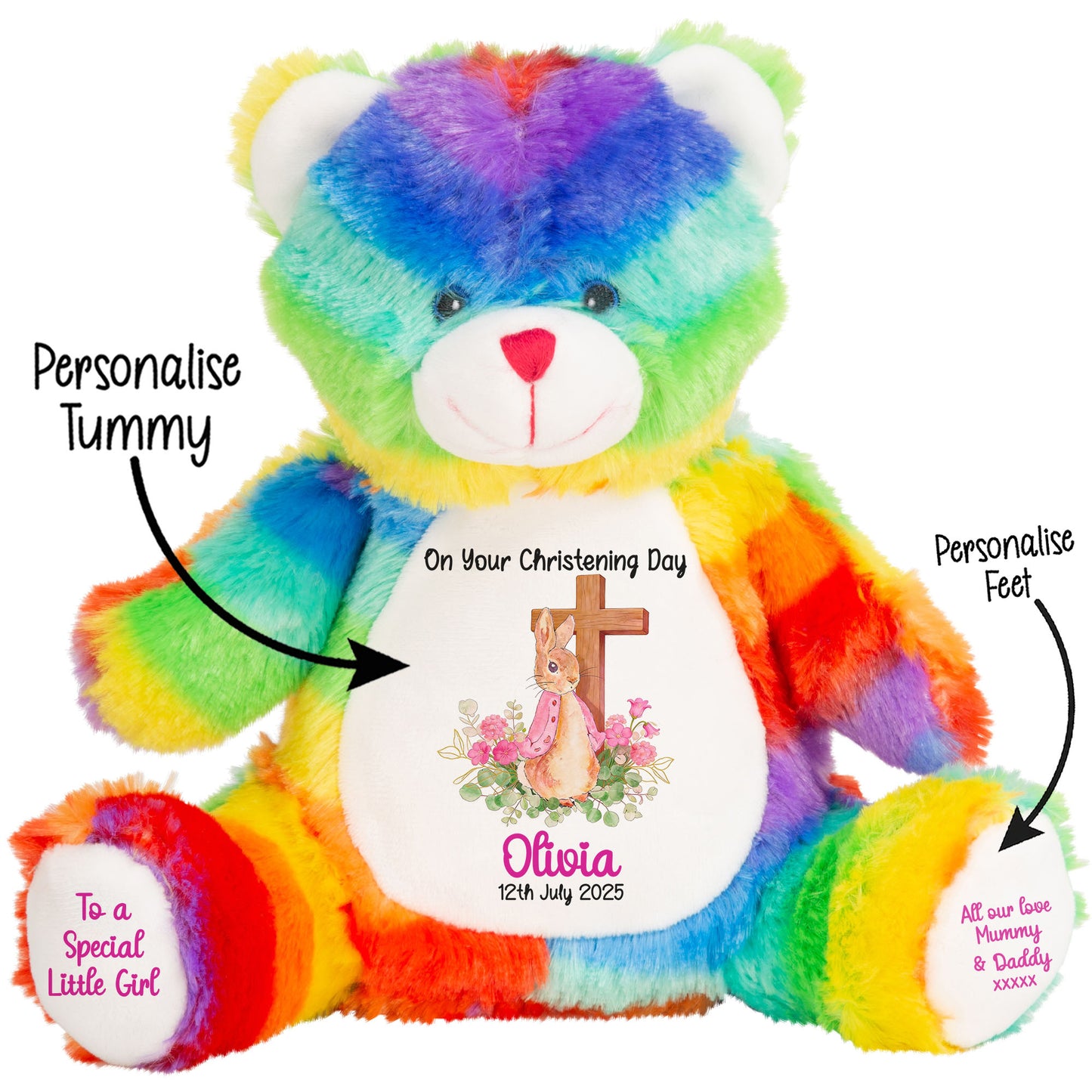 Pink Bunny With Cross Personalised Christening Teddy Bear
