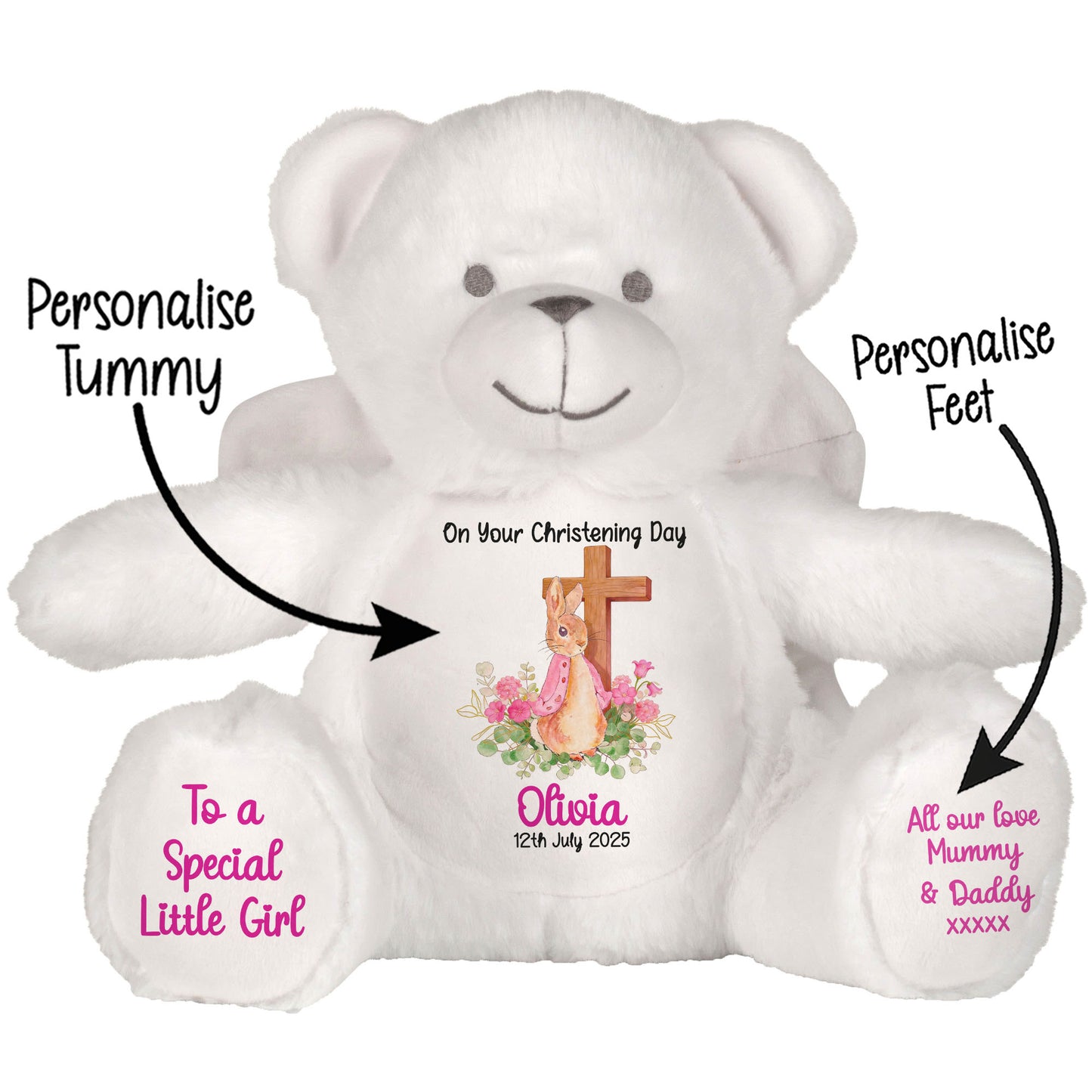 Pink Bunny With Cross Personalised Christening Teddy Bear