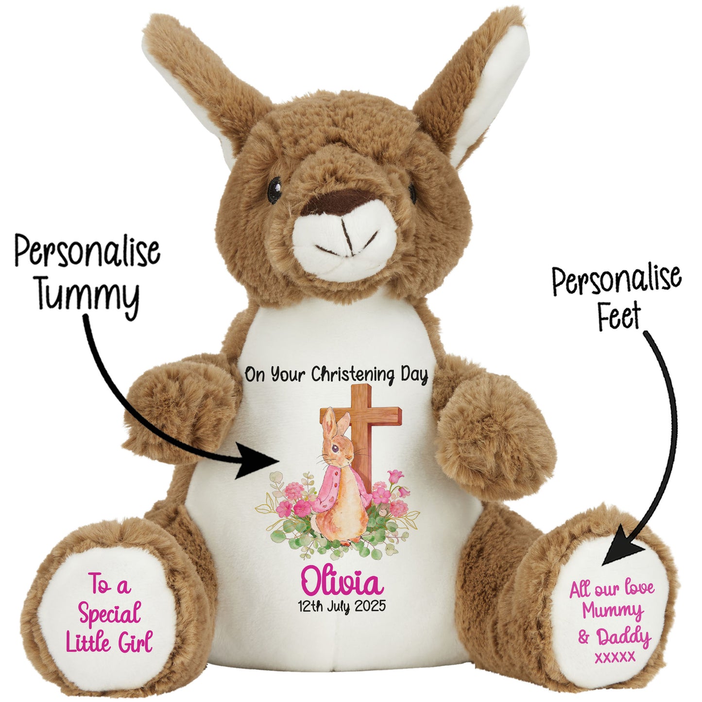 Pink Bunny With Cross Personalised Christening Teddy Bear