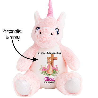 Pink Bunny With Cross Personalised Christening Teddy Bear