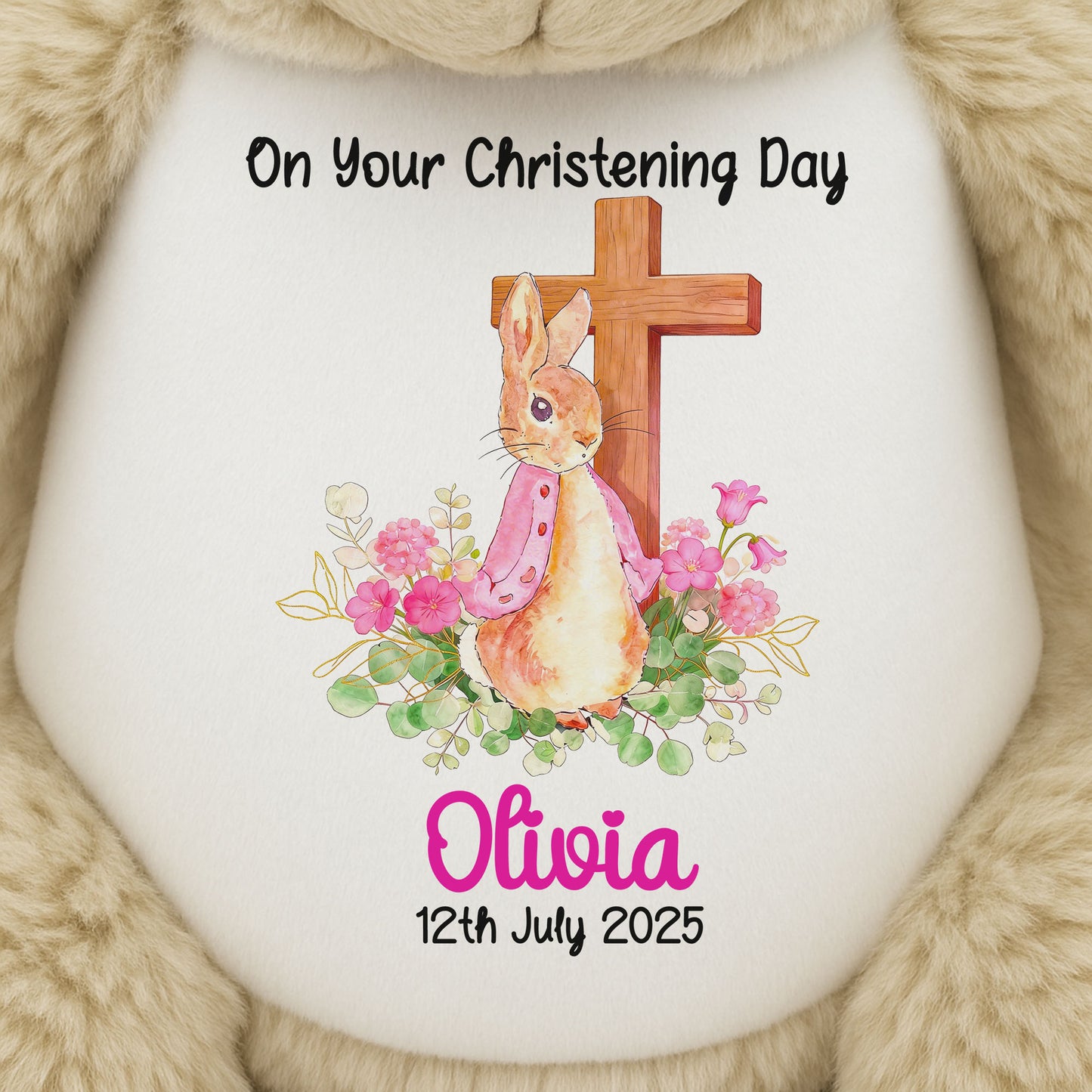 Pink Bunny With Cross Personalised Christening Teddy Bear