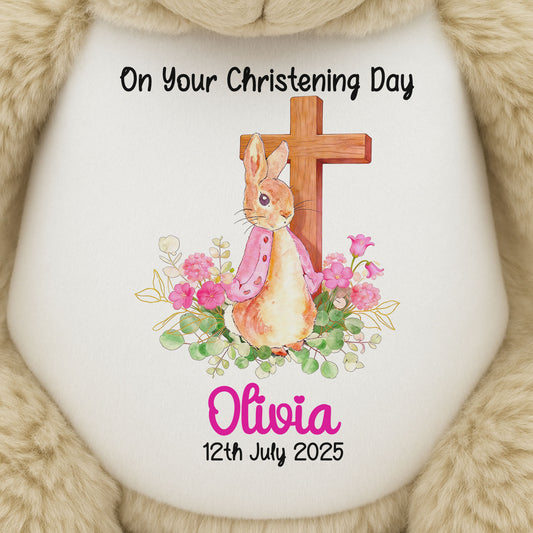 Pink Bunny With Cross Personalised Christening Teddy Bear