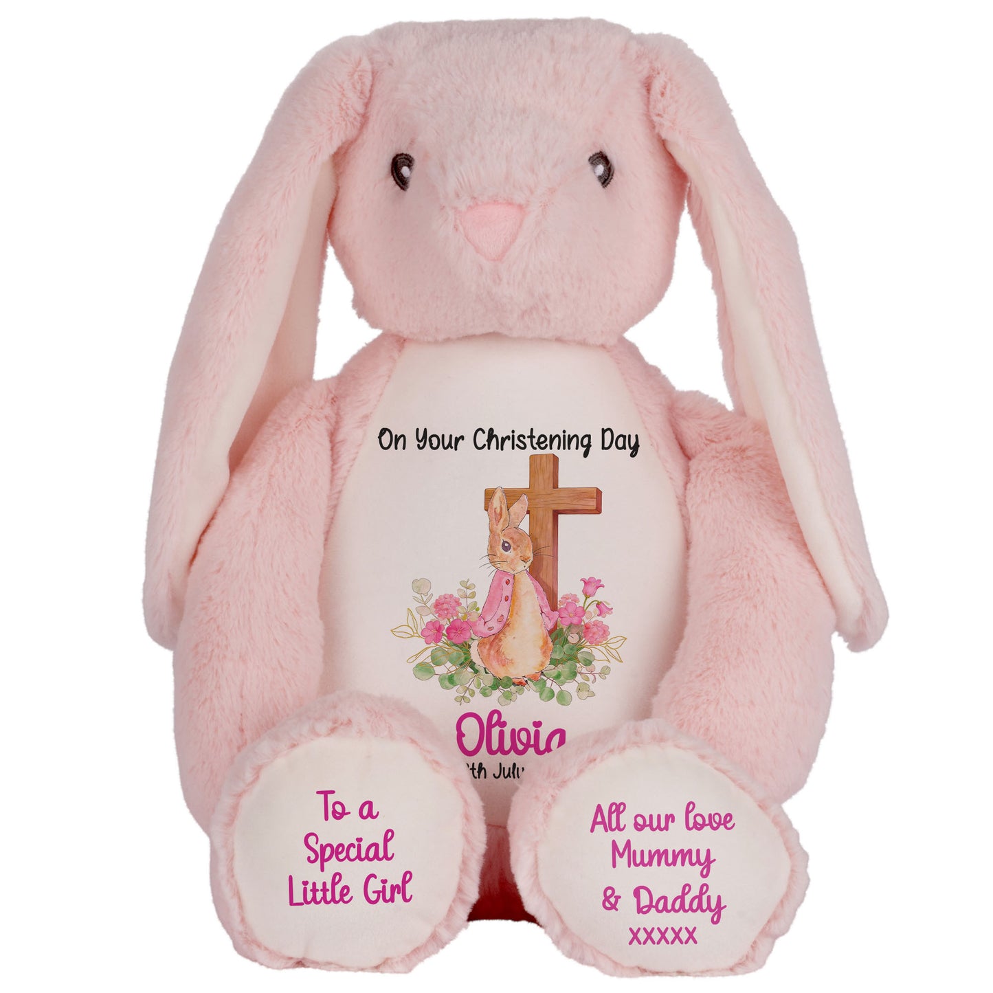 Pink Bunny With Cross Personalised Christening Teddy Bear