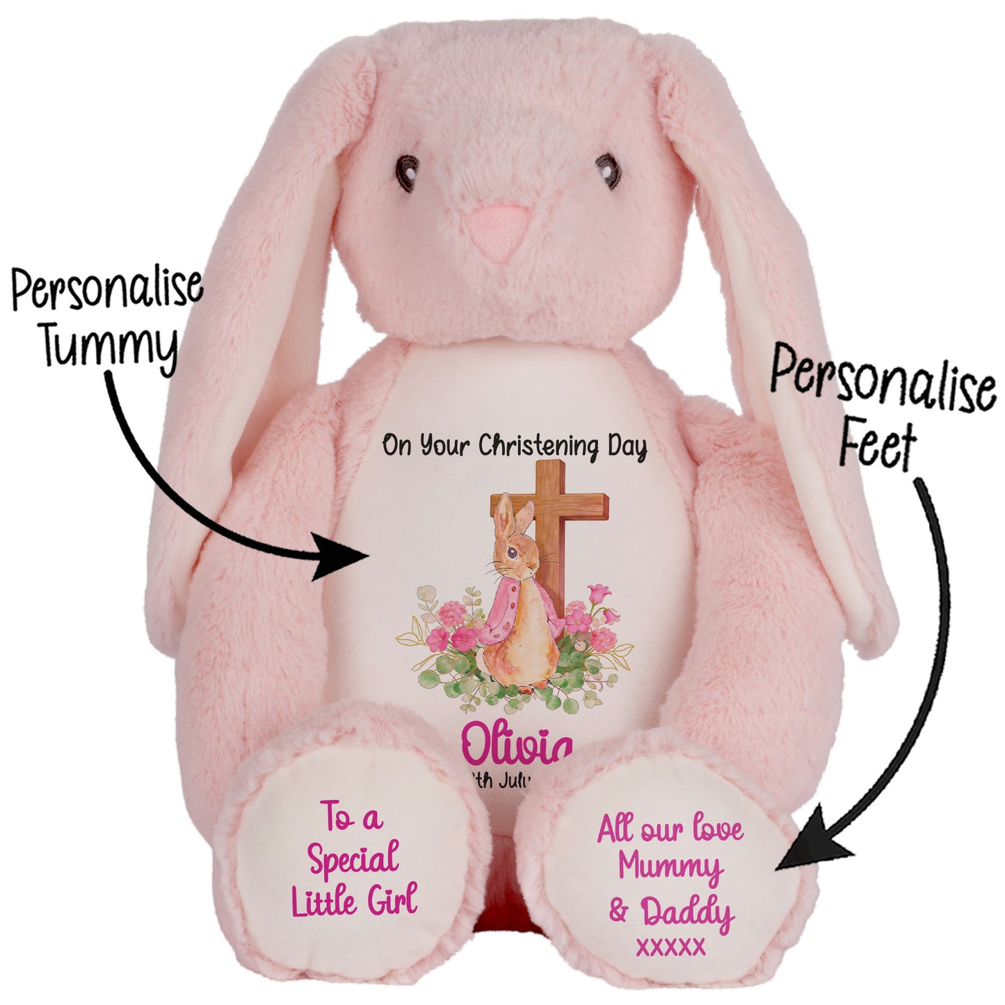 Pink Bunny With Cross Personalised Christening Teddy Bear