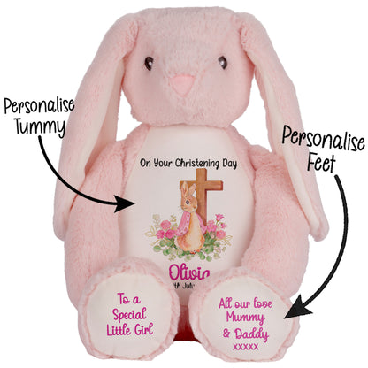 Pink Bunny With Cross Personalised Christening Teddy Bear
