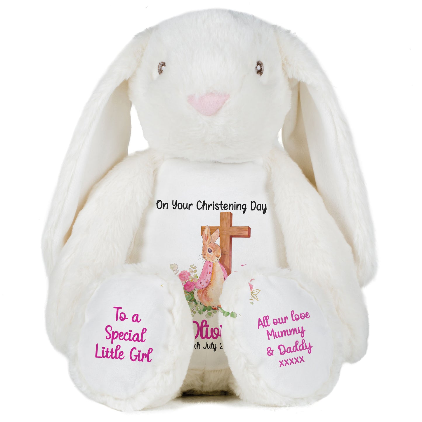 Pink Bunny With Cross Personalised Christening Teddy Bear