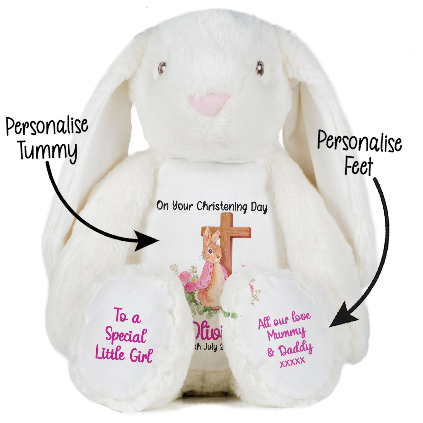 Pink Bunny With Cross Personalised Christening Teddy Bear
