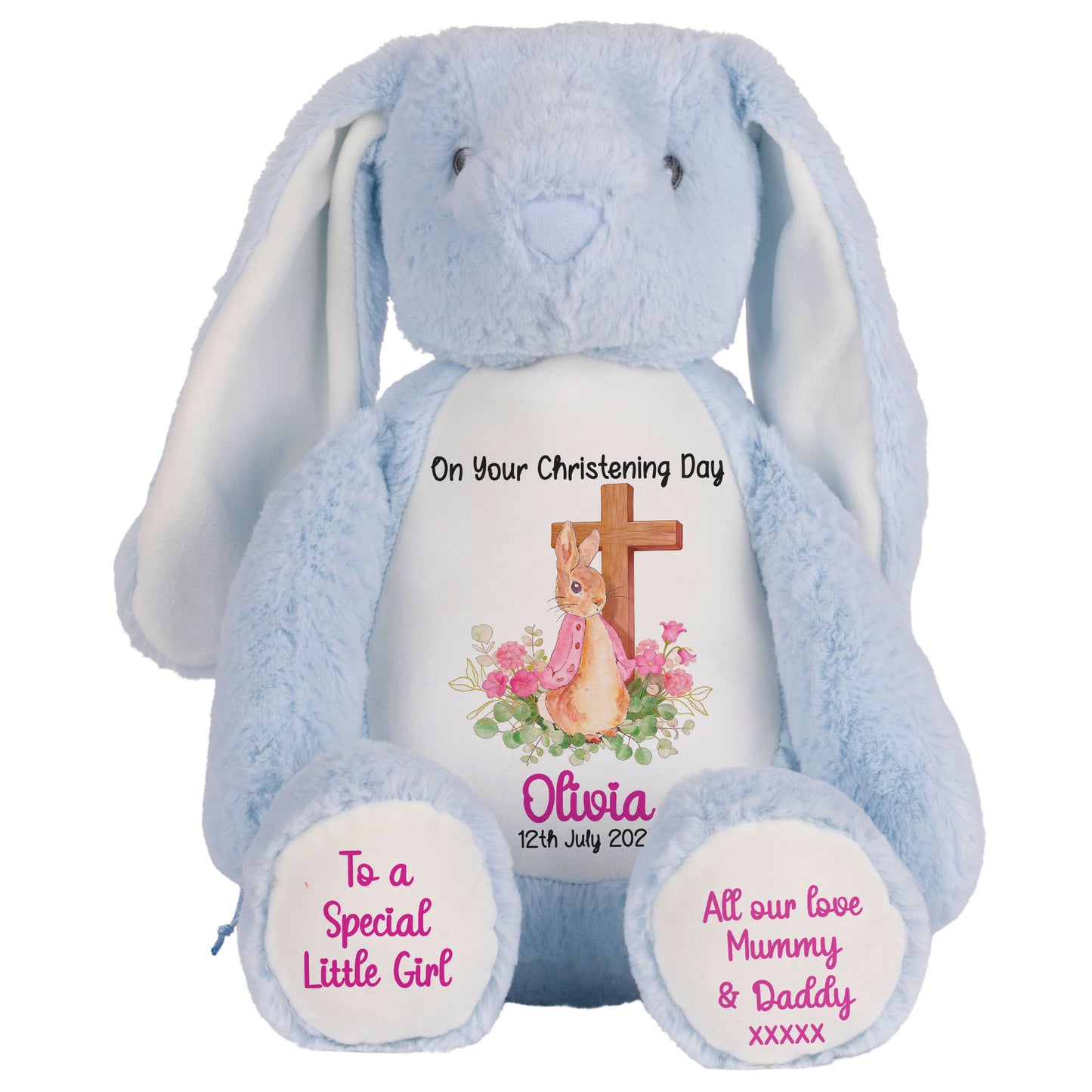 Pink Bunny With Cross Personalised Christening Teddy Bear