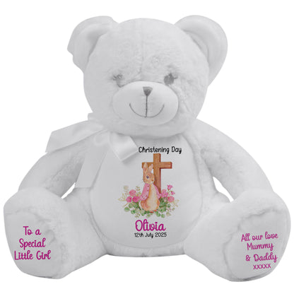 Pink Bunny With Cross Personalised Christening Teddy Bear