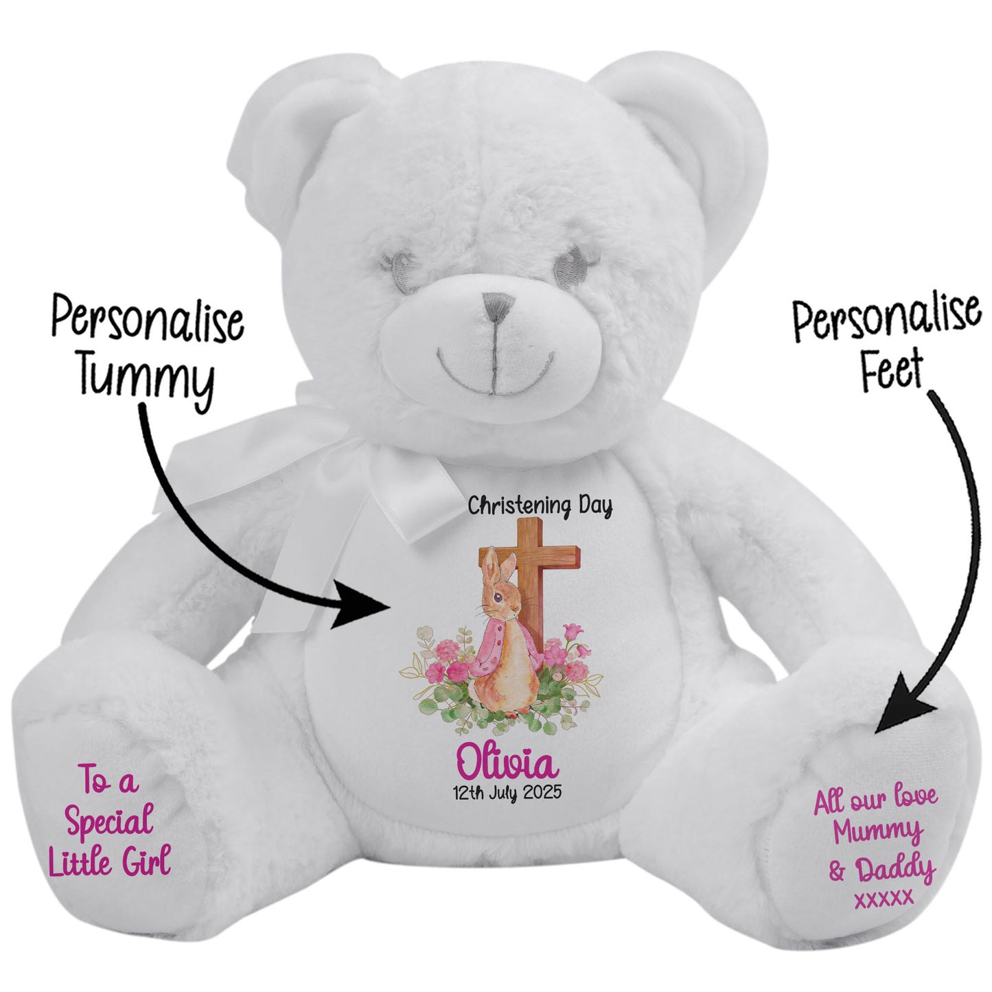 Pink Bunny With Cross Personalised Christening Teddy Bear
