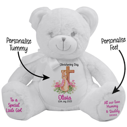 Pink Bunny With Cross Personalised Christening Teddy Bear