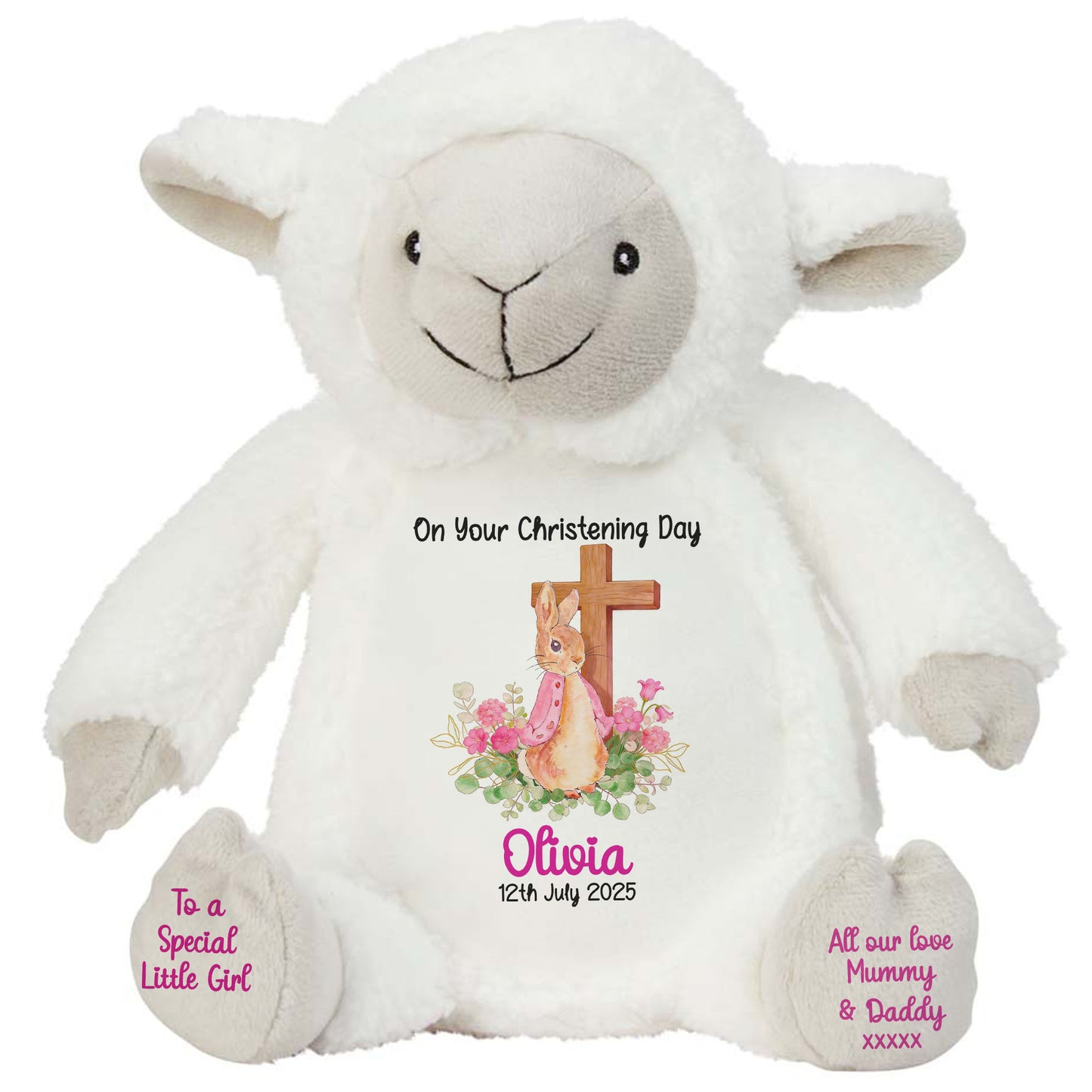 Pink Bunny With Cross Personalised Christening Teddy Bear