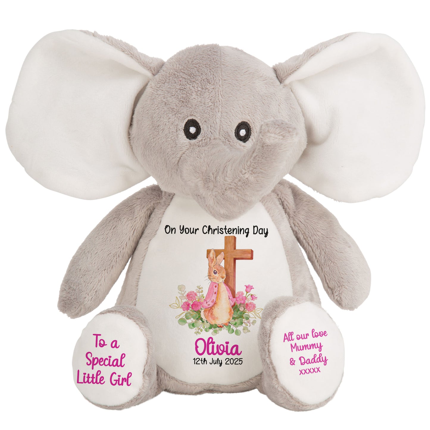 Pink Bunny With Cross Personalised Christening Teddy Bear