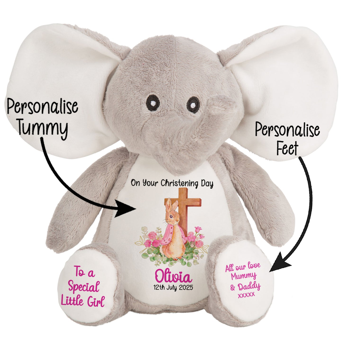 Pink Bunny With Cross Personalised Christening Teddy Bear
