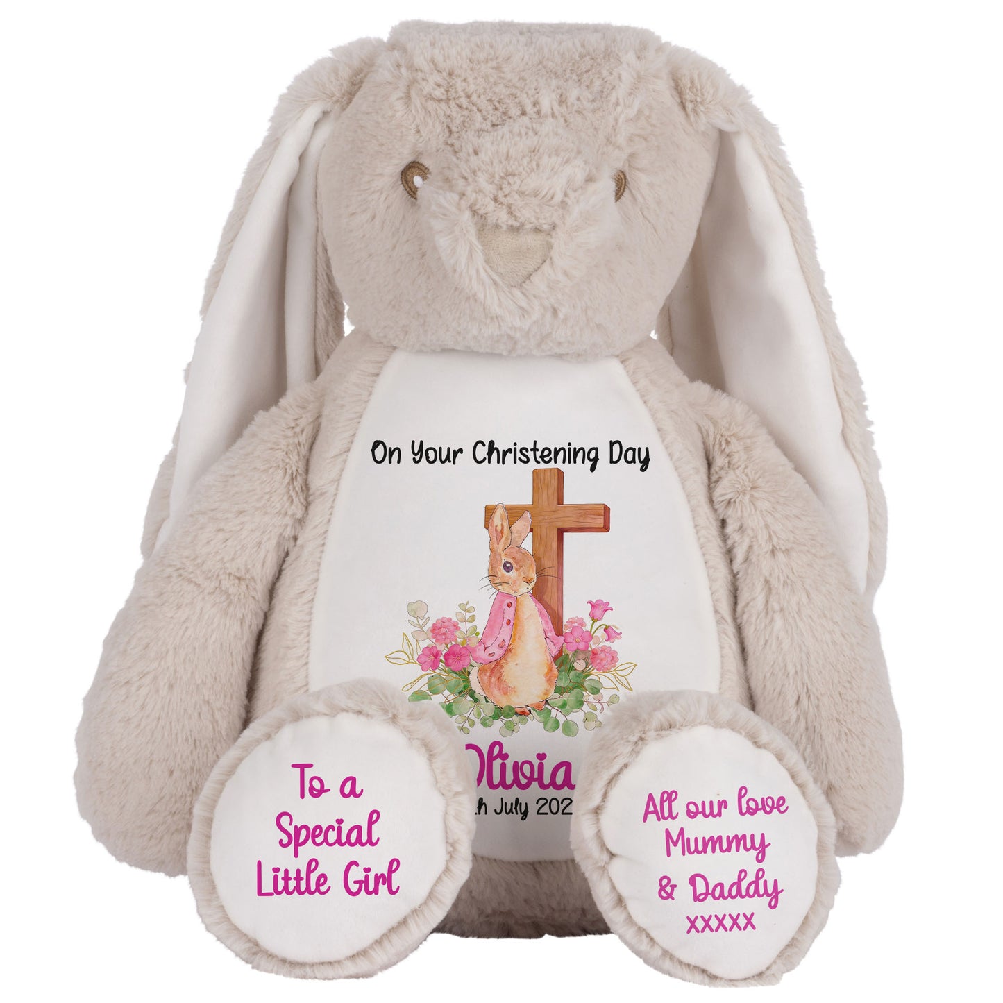 Pink Bunny With Cross Personalised Christening Teddy Bear