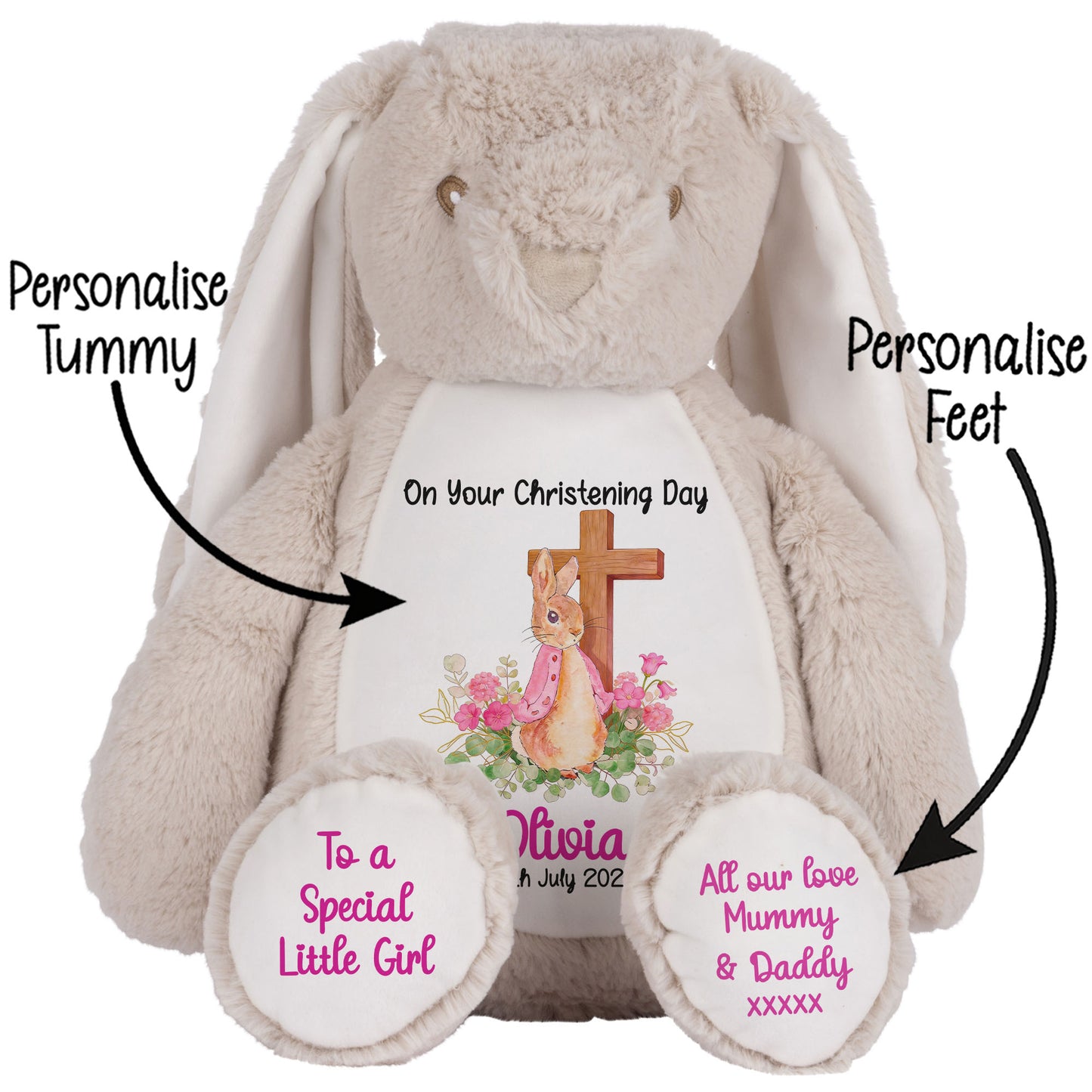 Pink Bunny With Cross Personalised Christening Teddy Bear