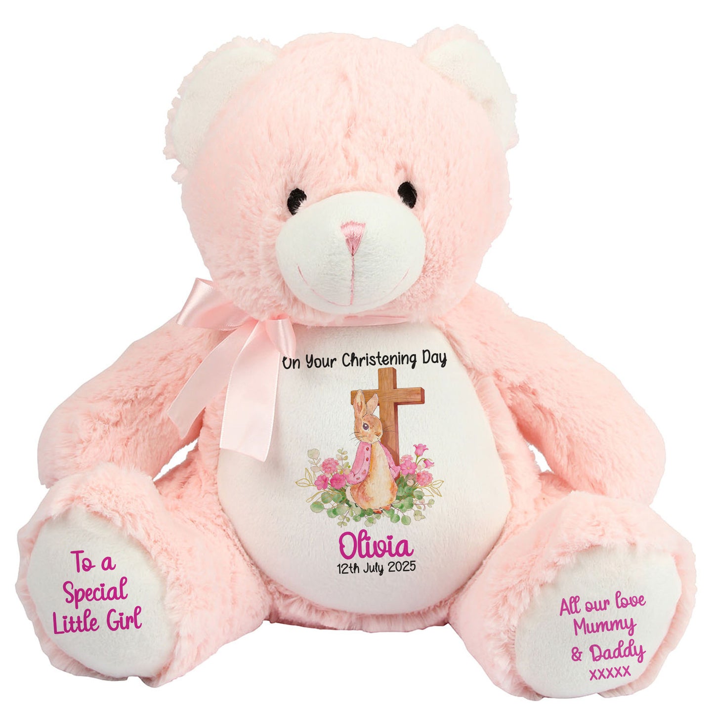 Pink Bunny With Cross Personalised Christening Teddy Bear