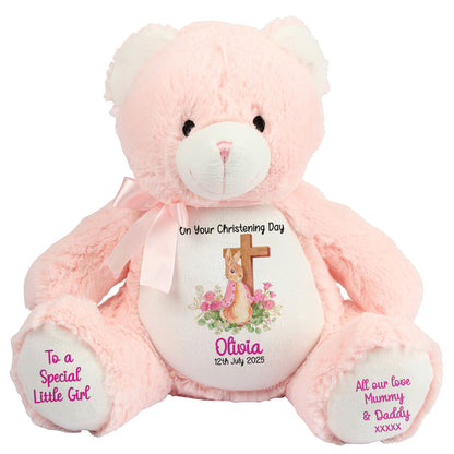 Pink Bunny With Cross Personalised Christening Teddy Bear