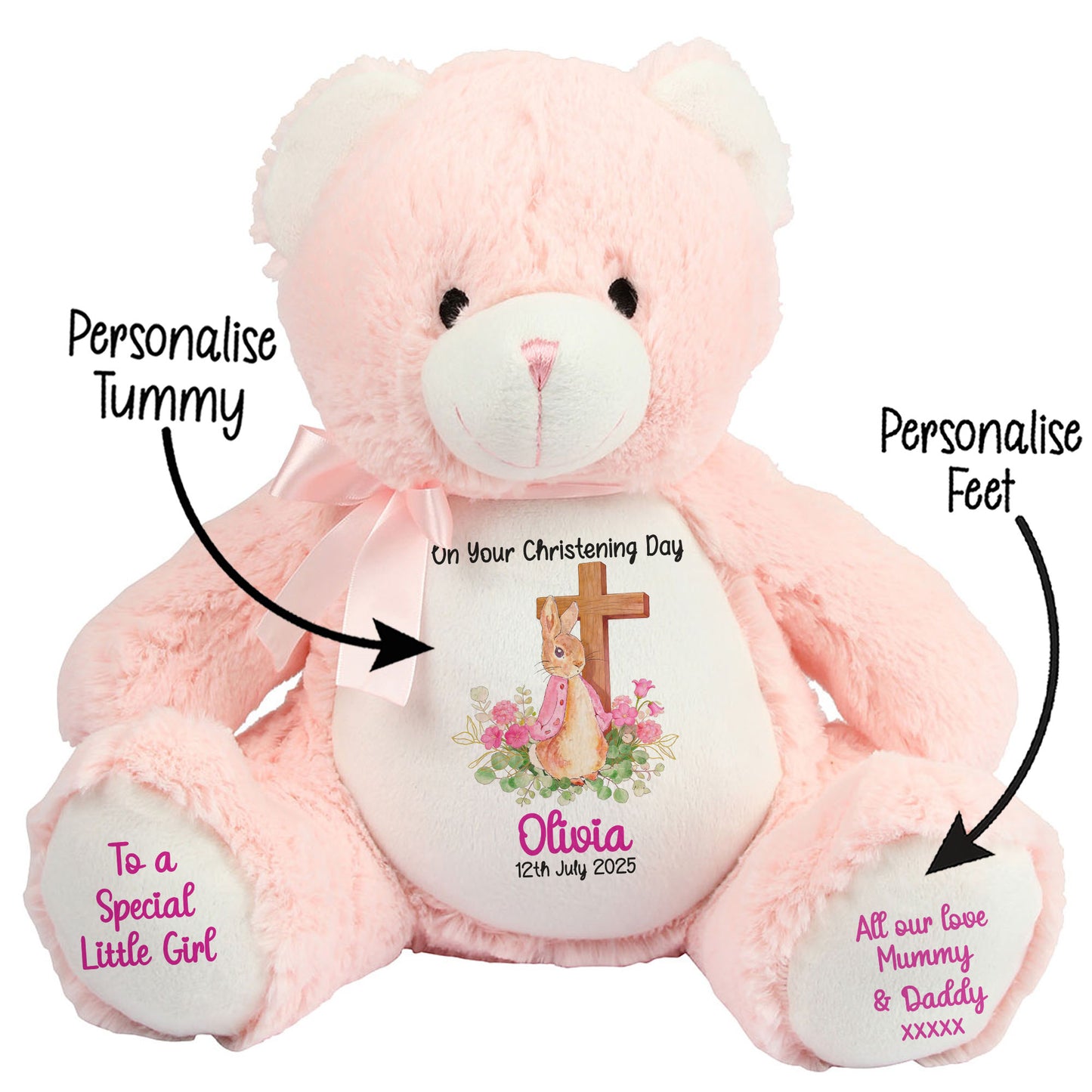 Pink Bunny With Cross Personalised Christening Teddy Bear