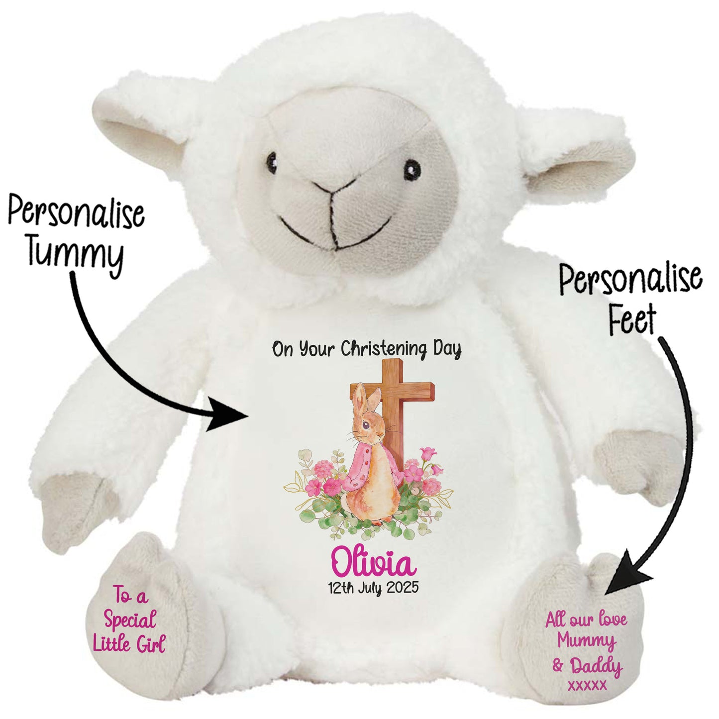 Pink Bunny With Cross Personalised Christening Teddy Bear