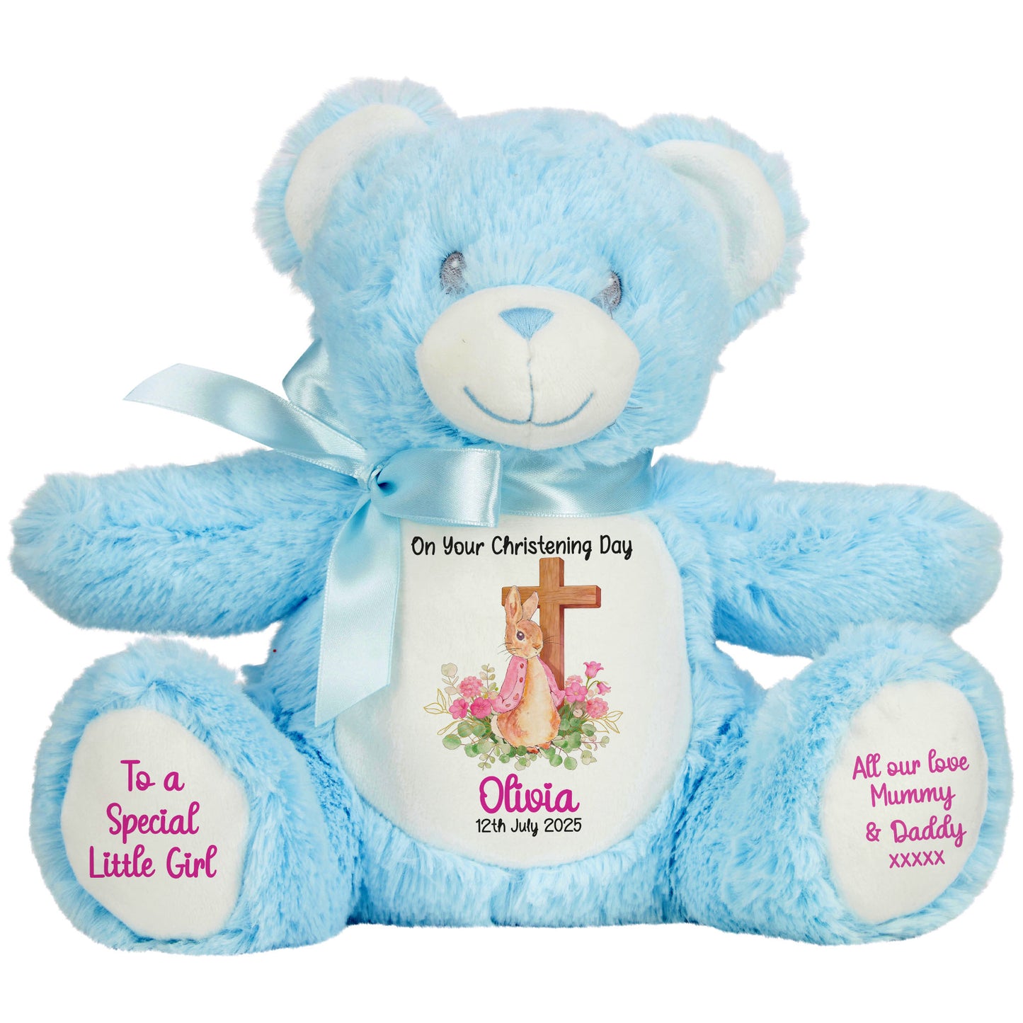 Pink Bunny With Cross Personalised Christening Teddy Bear