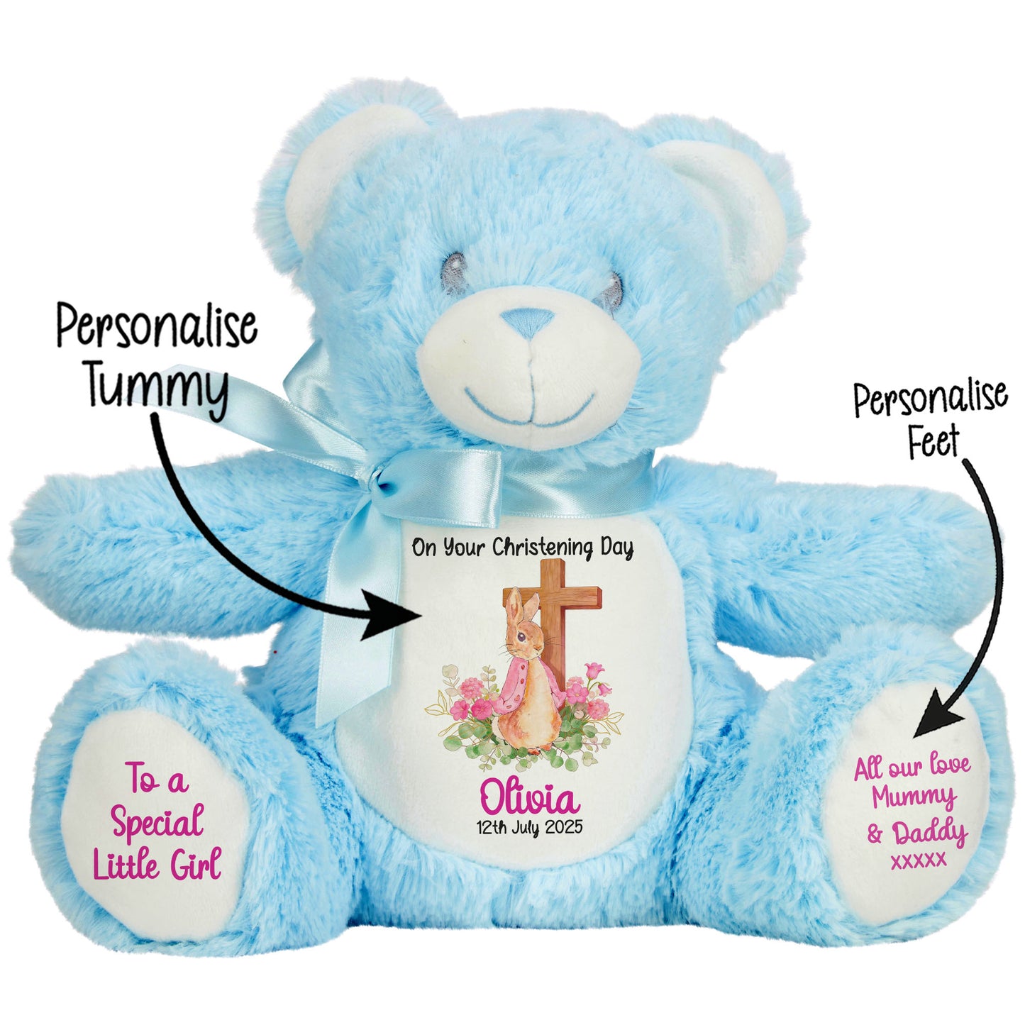Pink Bunny With Cross Personalised Christening Teddy Bear