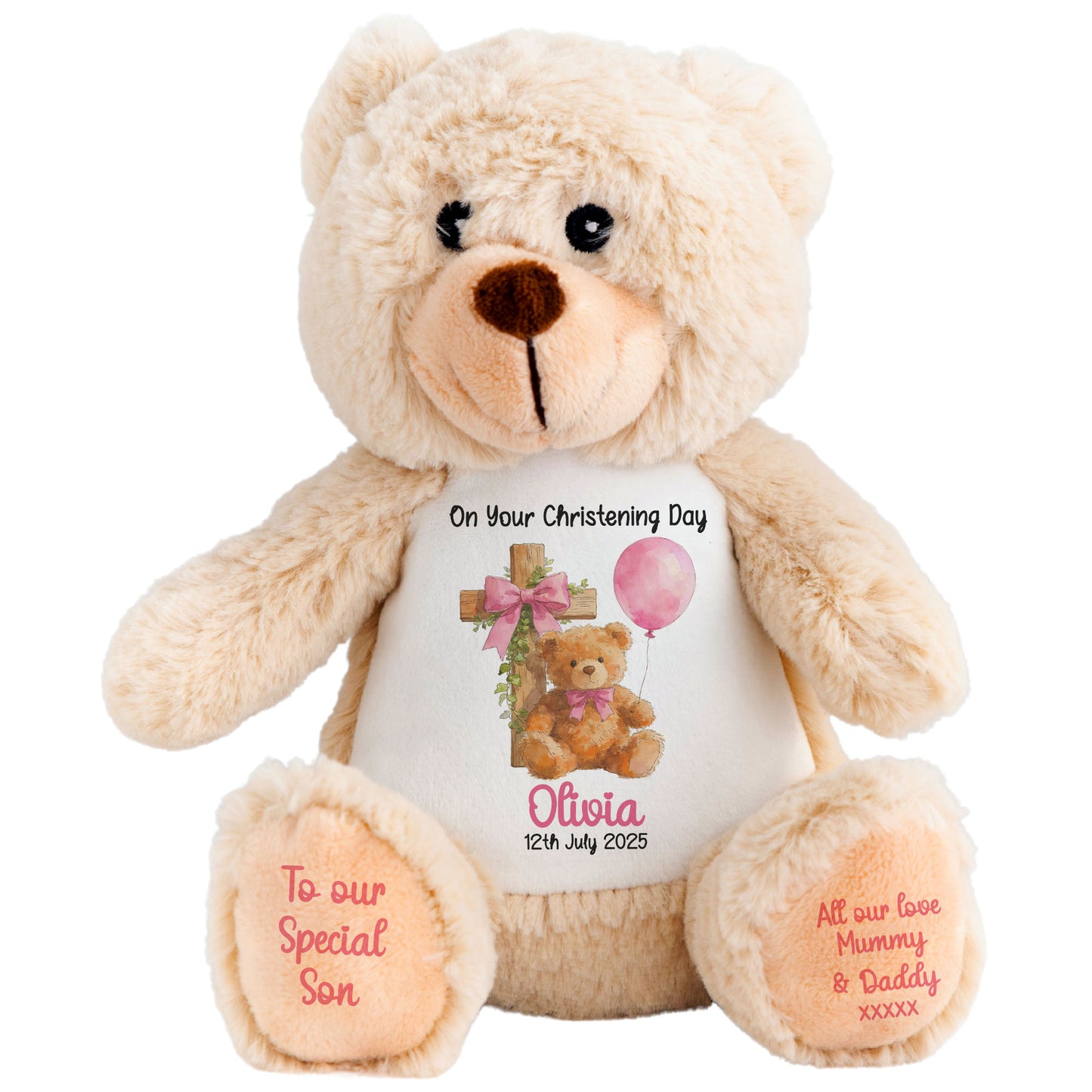 Pink Bear Cross Personalised Christening Teddy Bear