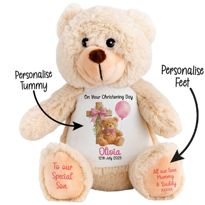 Pink Bear Cross Personalised Christening Teddy Bear