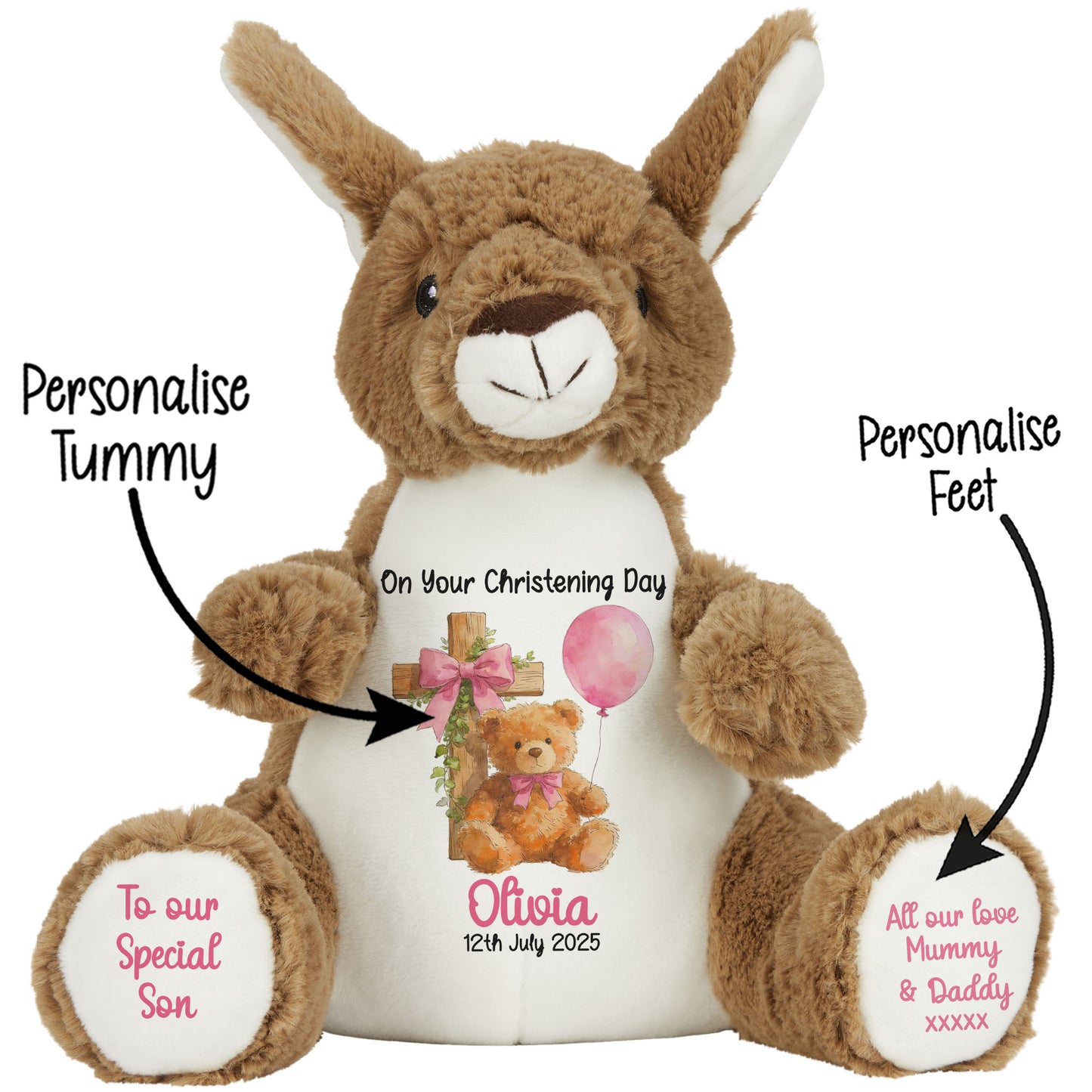 Pink Bear Cross Personalised Christening Teddy Bear
