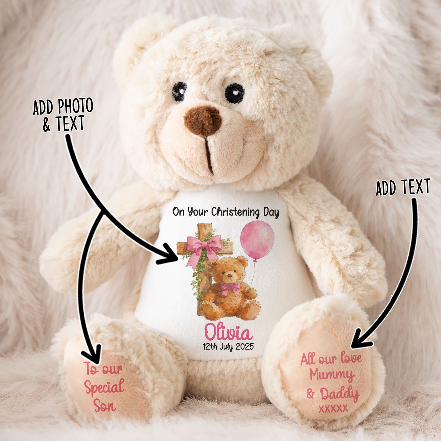 Pink Bear Cross Personalised Christening Teddy Bear