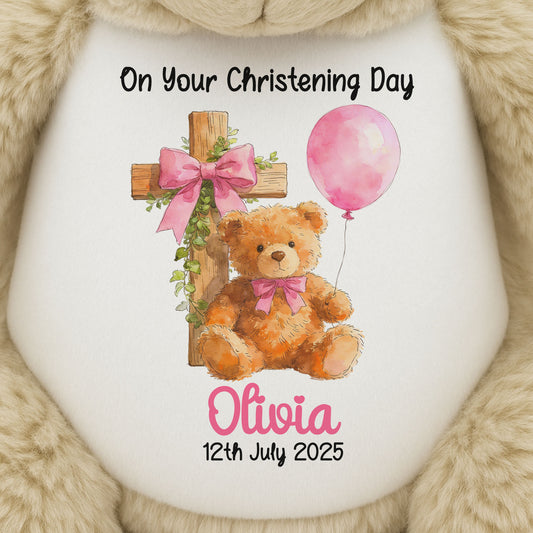 Pink Bear Cross Personalised Christening Teddy Bear