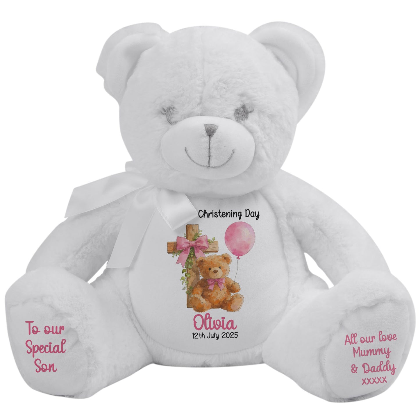 Pink Bear Cross Personalised Christening Teddy Bear