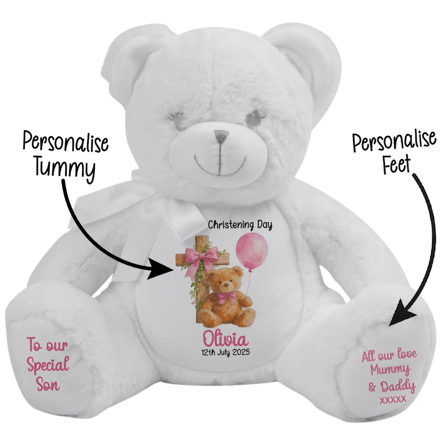 Pink Bear Cross Personalised Christening Teddy Bear