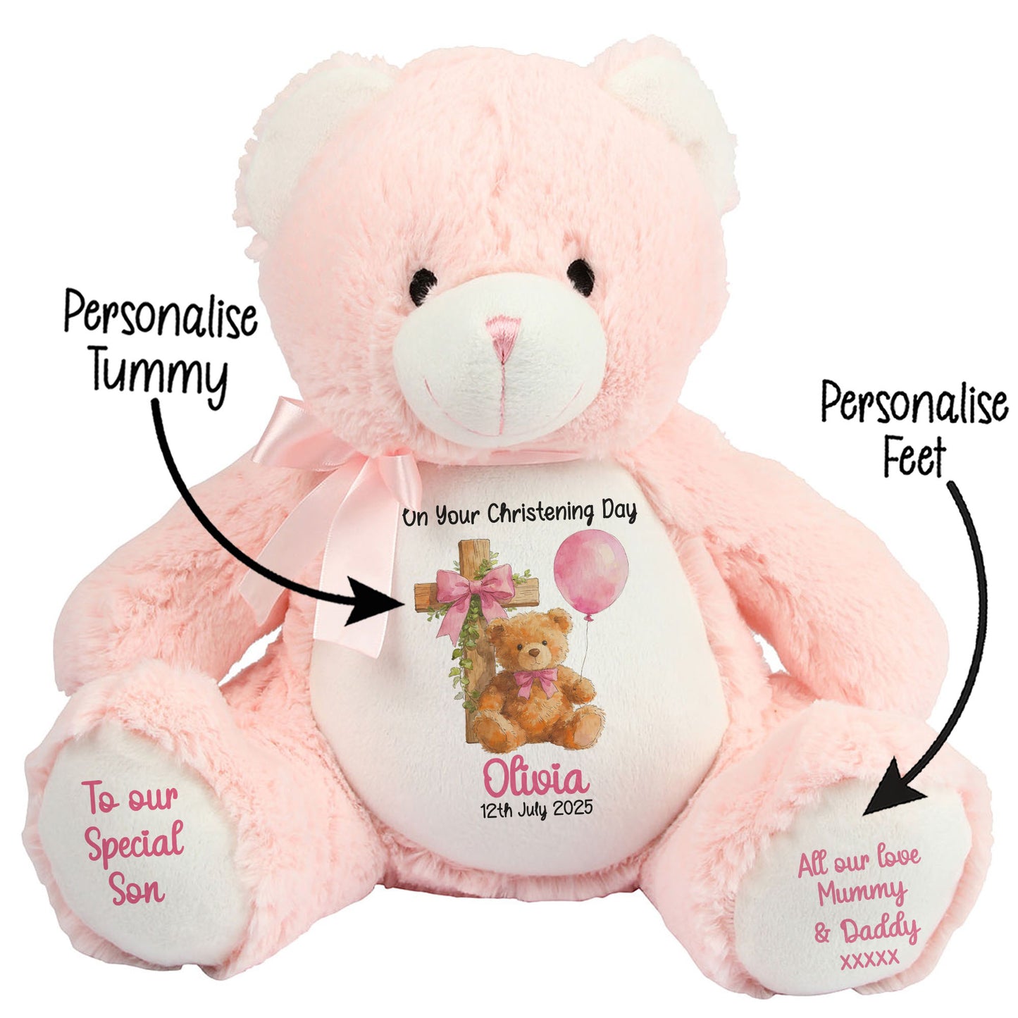 Pink Bear Cross Personalised Christening Teddy Bear