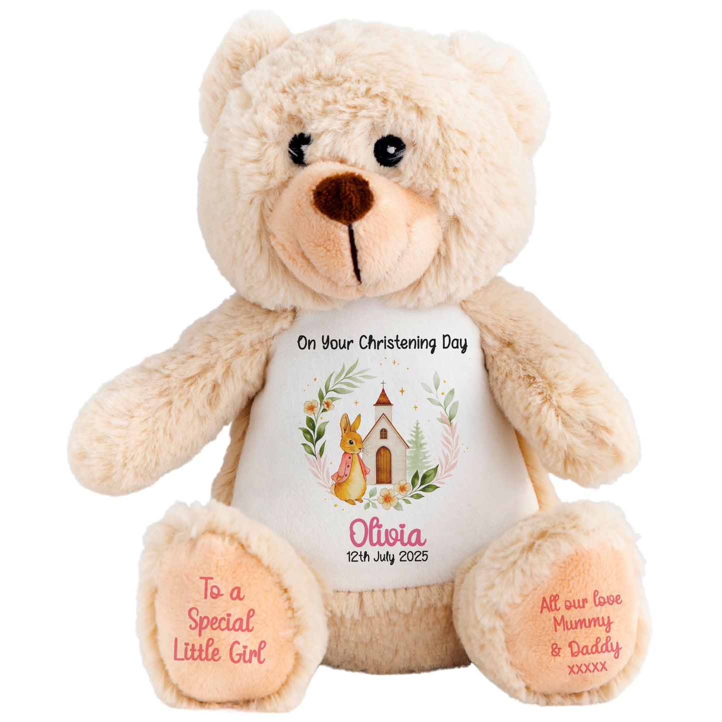 Christening Pink Bunny Church Floral Personalised Brown Bear