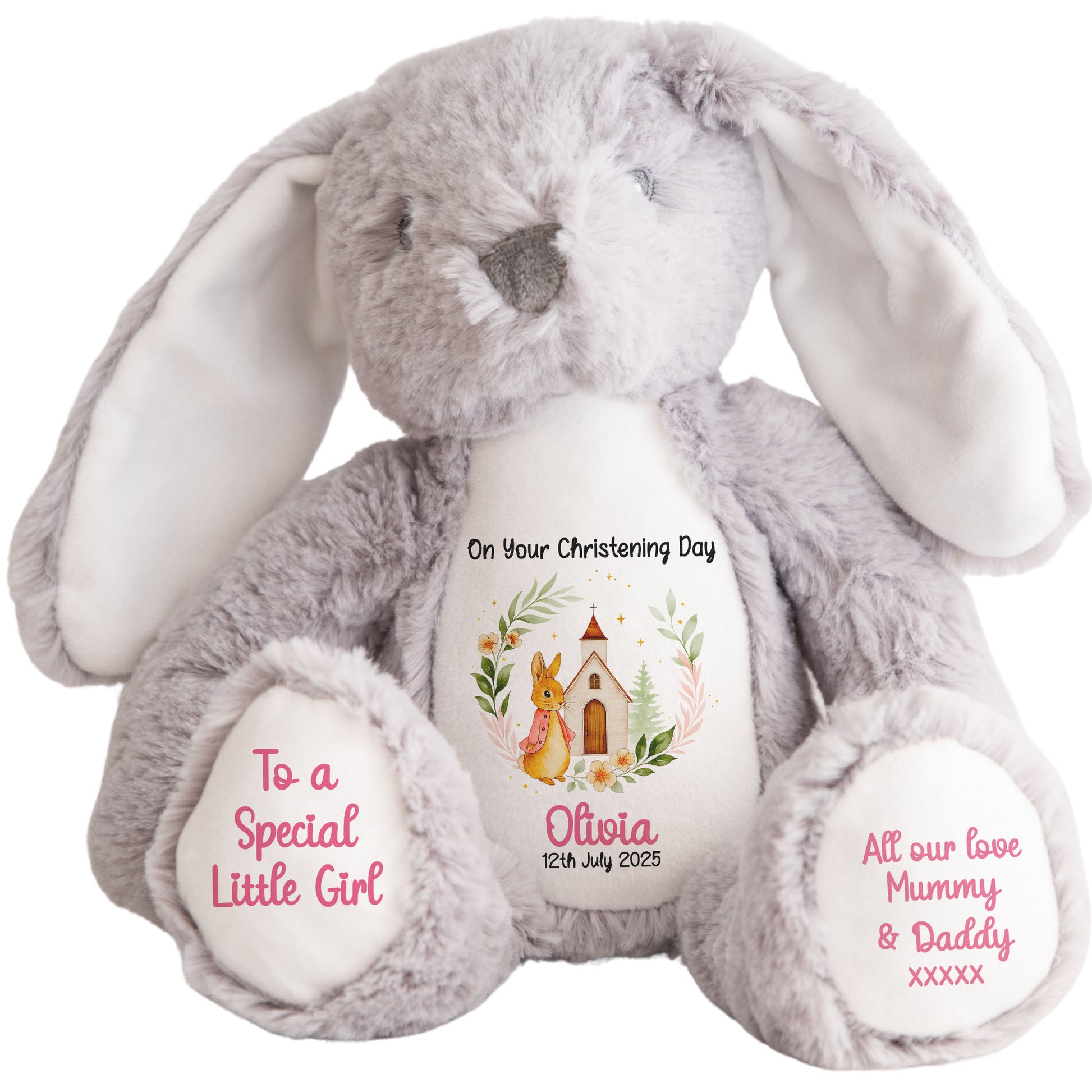 Christening Pink Bunny Church Floral Personalised Grey Bunny