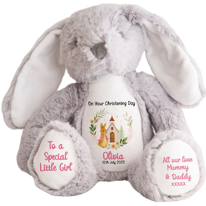 Christening Pink Bunny Church Floral Personalised Grey Bunny