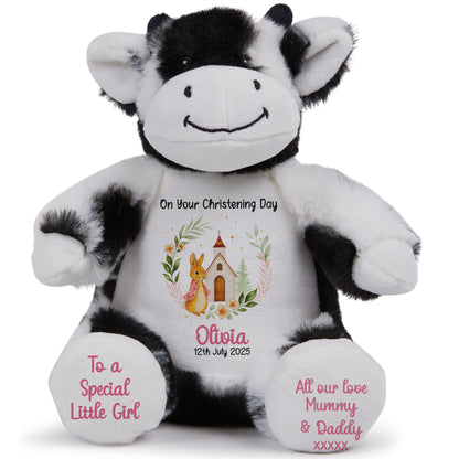 Christening Pink Bunny Church Floral Personalised Cow