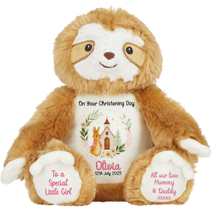 Christening Pink Bunny Church Floral Personalised Sloth