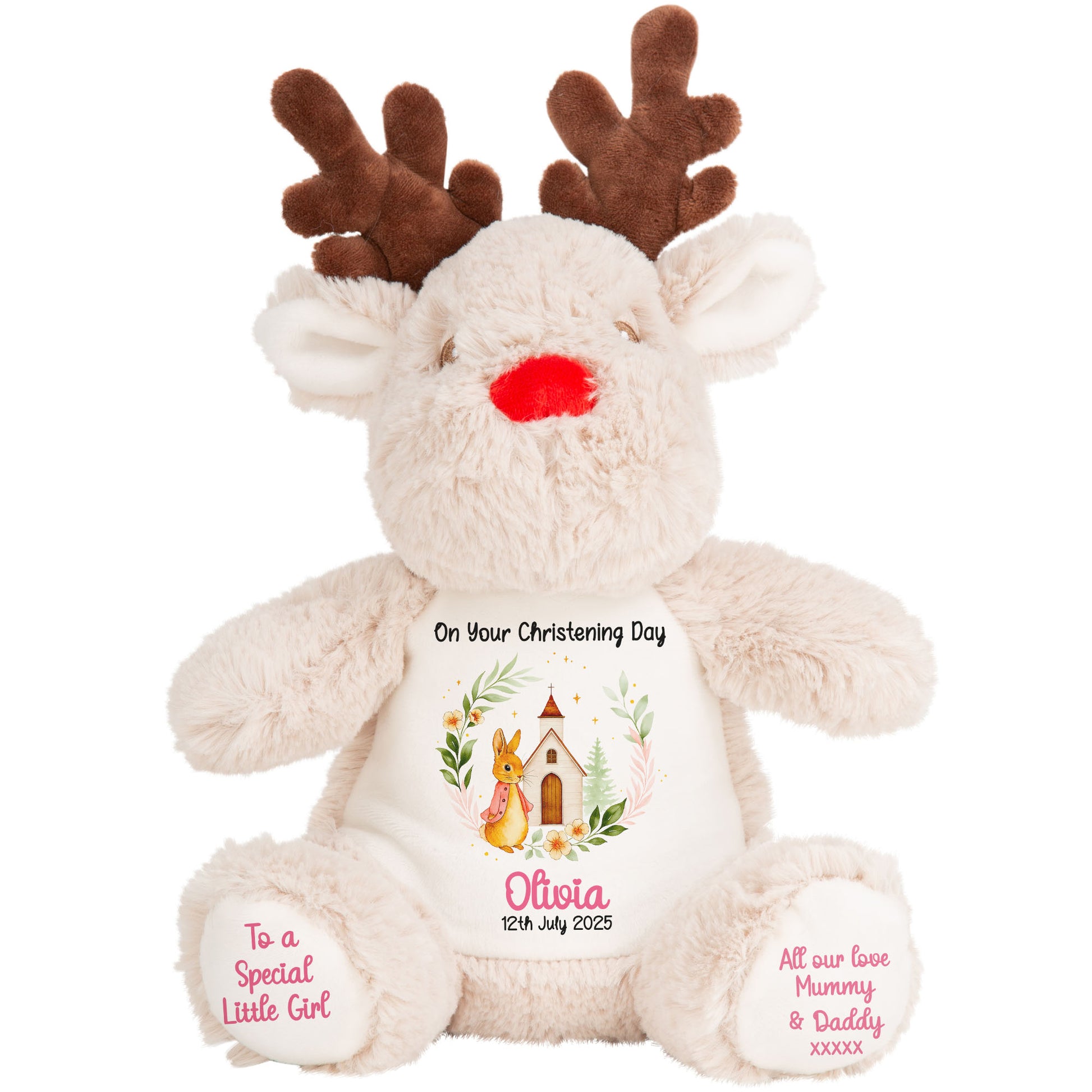 Christening Pink Bunny Church Floral Personalised Reindeer